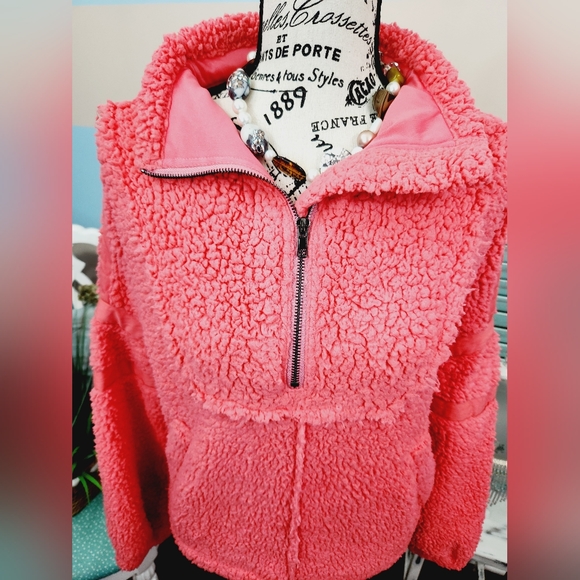 Davi & Dani Oversized Neon Pink Solid Long Sleeve Half Zip-Up Jacket - Picture 5 of 10